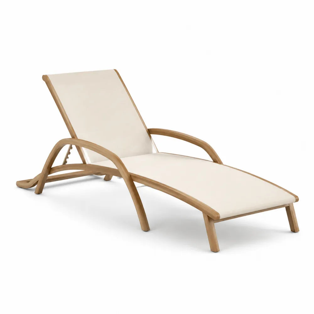 Chaise longue de jardin inclinable en bois naturel et toile polyester beige 160 x 65 x 110 cm
