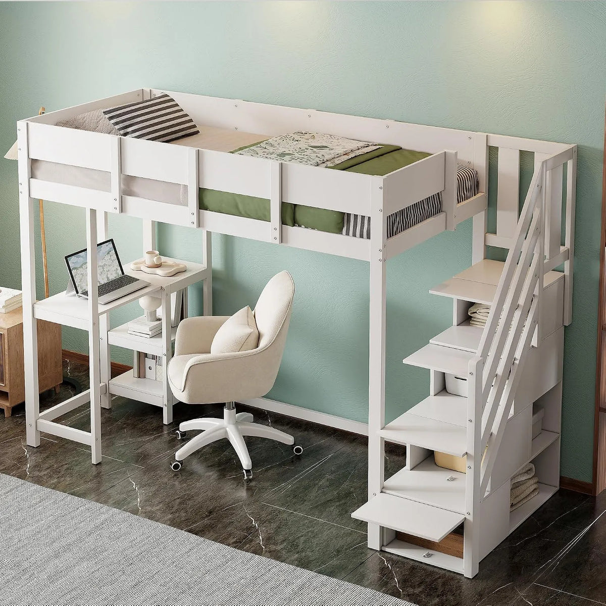 Bureau et table informatique — pour enfant, avec rangement, avec bureau, avec échelle, 90 × 200 cm, blanc, revêtement en tissu