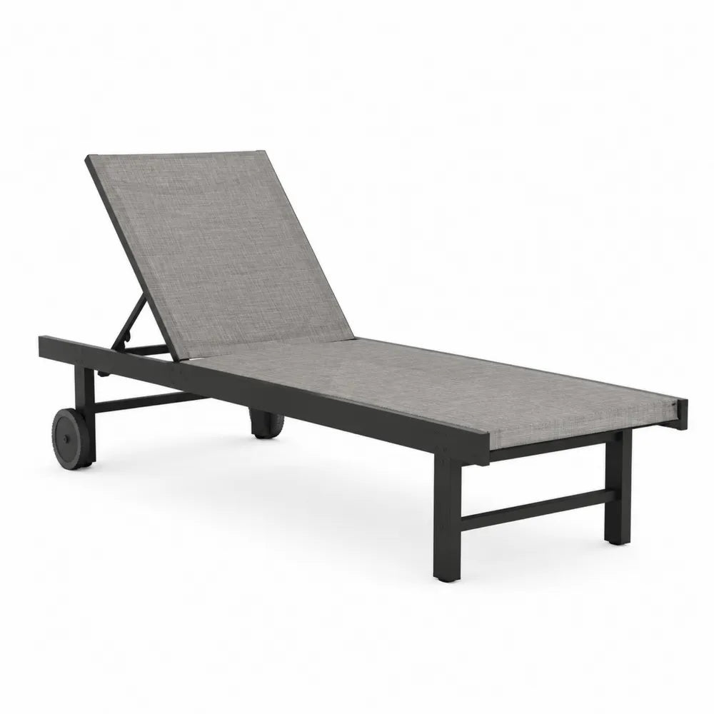 Bain de soleil d’extérieur 195 x 65 x 92 cm en aluminium noir et textilène gris avec roues et dossier réglable