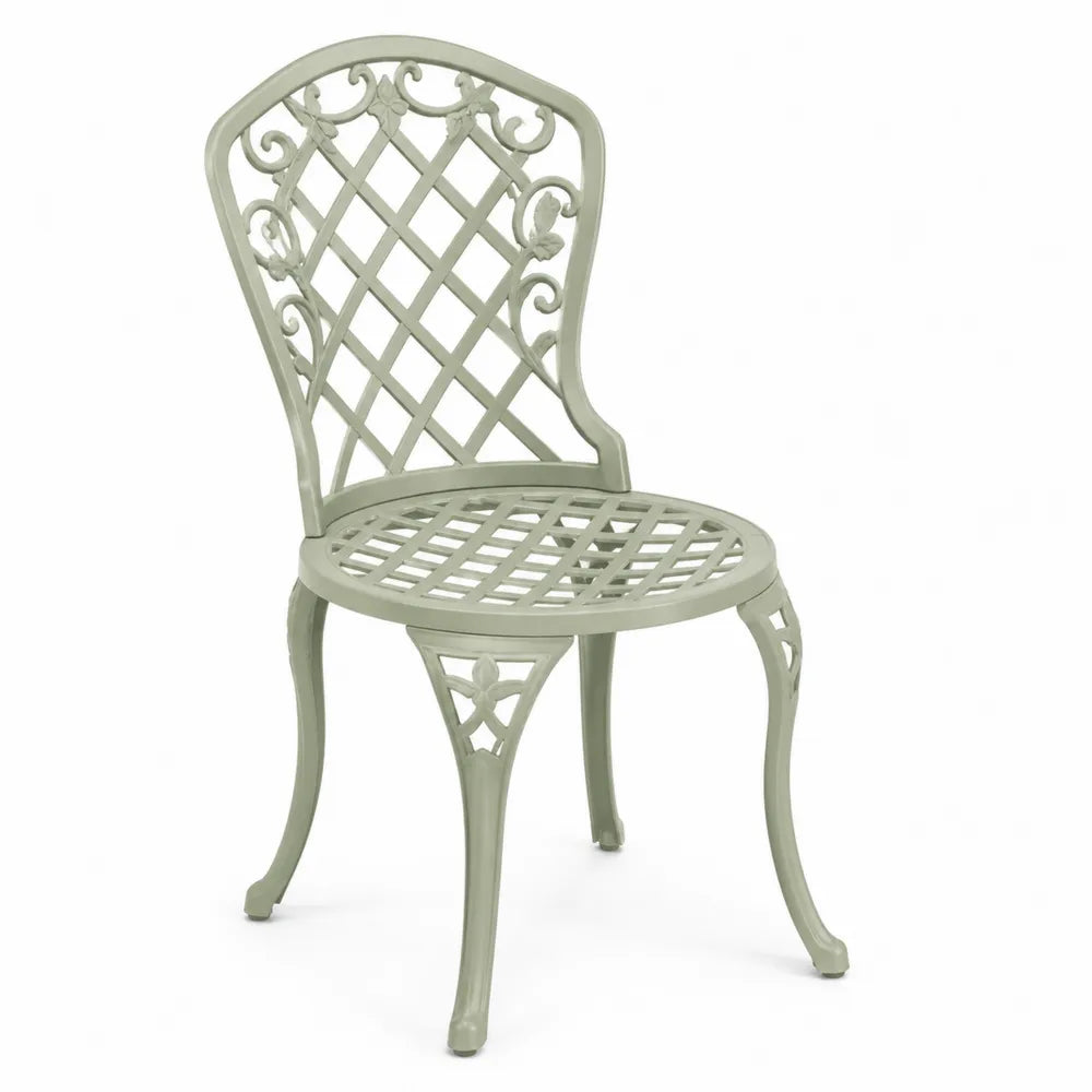 Chaise de jardin bistro en aluminium moulé vert sauge 60 x 60 x 90 cm dossier ajouré