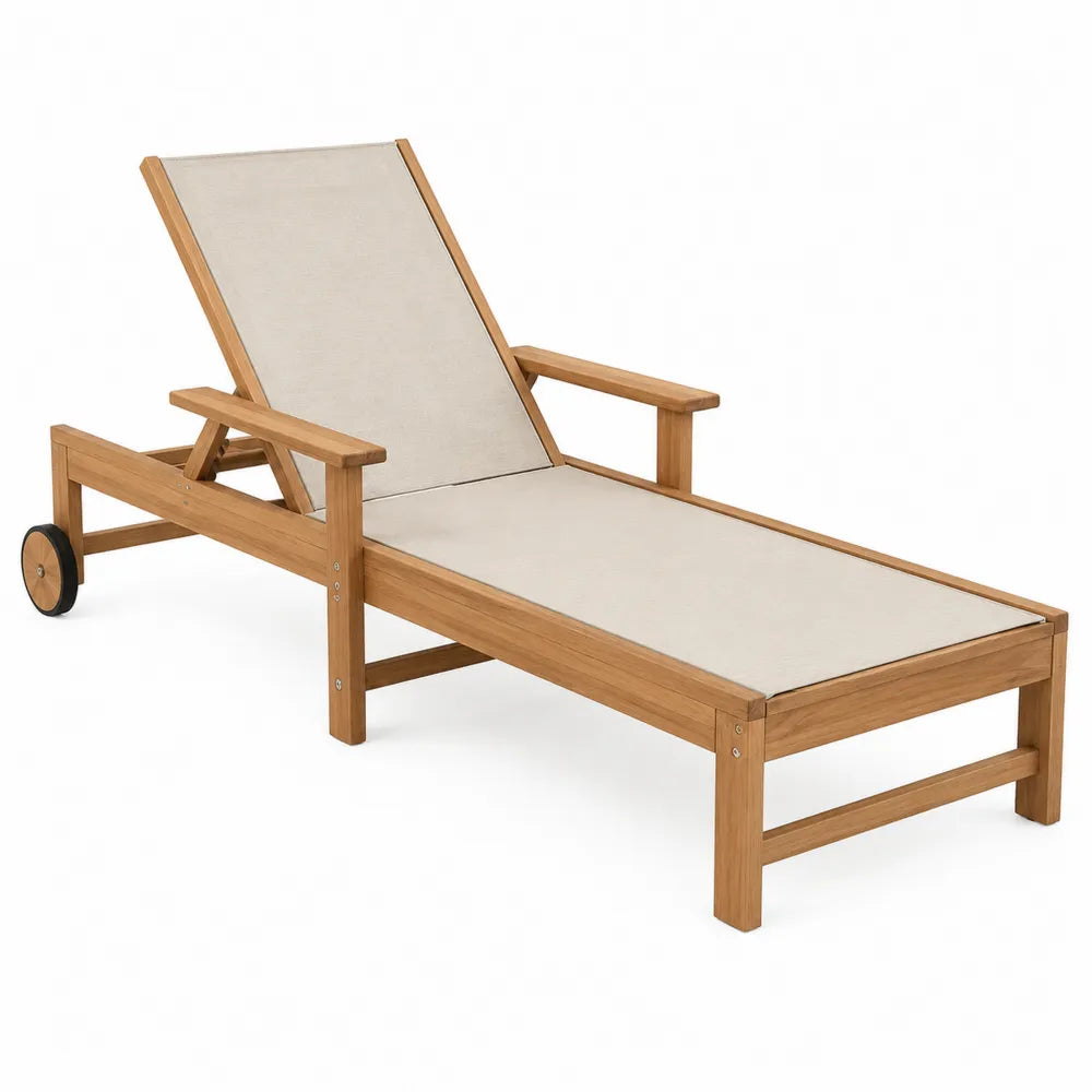 Bain de soleil de jardin réglable en acacia massif et textilène beige avec roues 200 x 65 x 95 cm