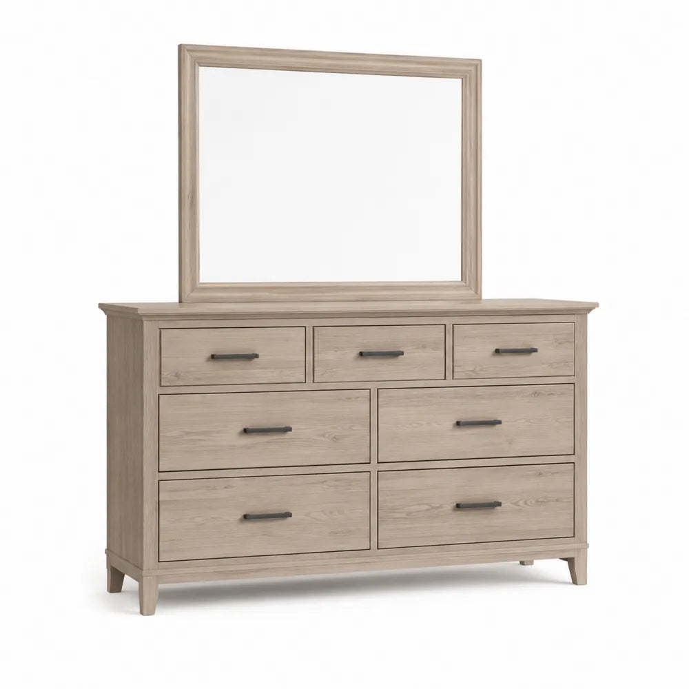 Commode avec miroir 150 x 45 x 180 cm en panneau de particules décor chêne clair avec 7 tiroirs et poignées noires