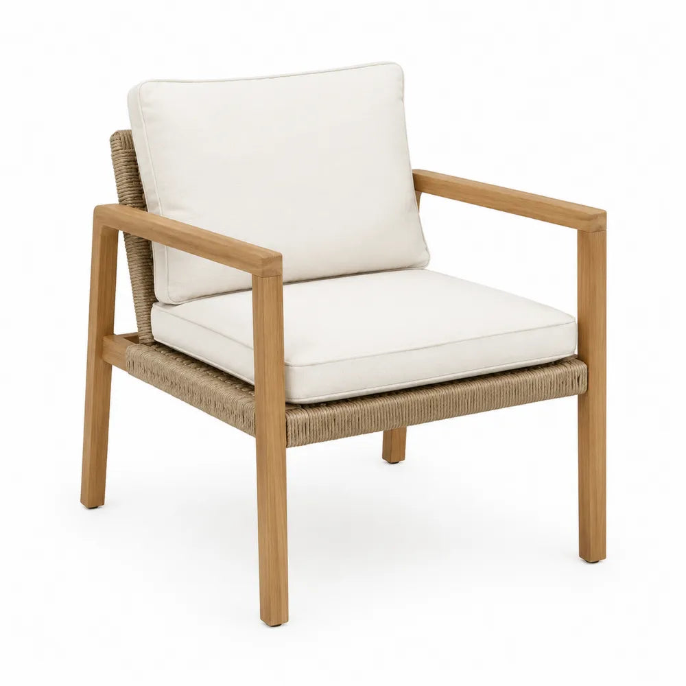 Fauteuil de jardin lounge en acacia massif et corde tressée avec coussins beige 72 x 80 x 78 cm