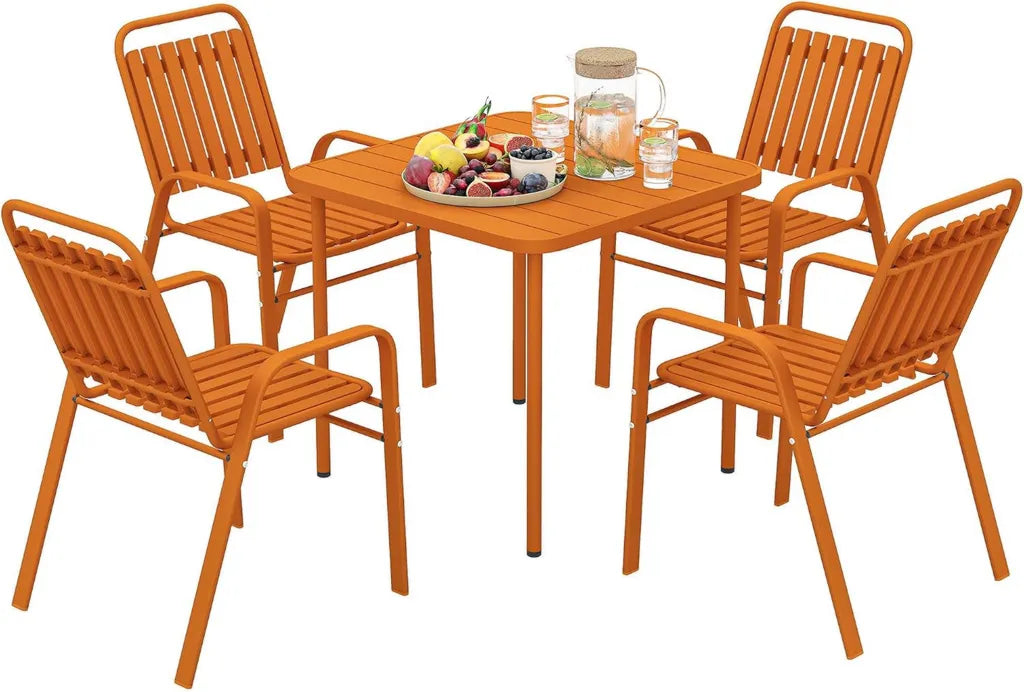 Ensemble de Jardin Outsunny 5 Pièces - Table et Chaises Empilables en Acier Antirouille pour Terrasse, Orange