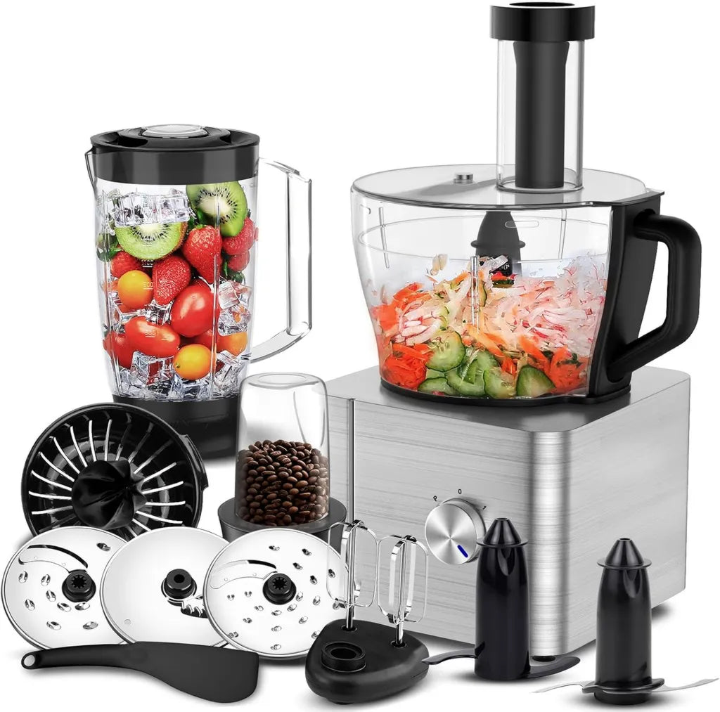 Robot Culinaire Multifonctions 1100W, Bol 3.2L, Mixeur 1.5L, Hachoir et Moulin à café, Argent