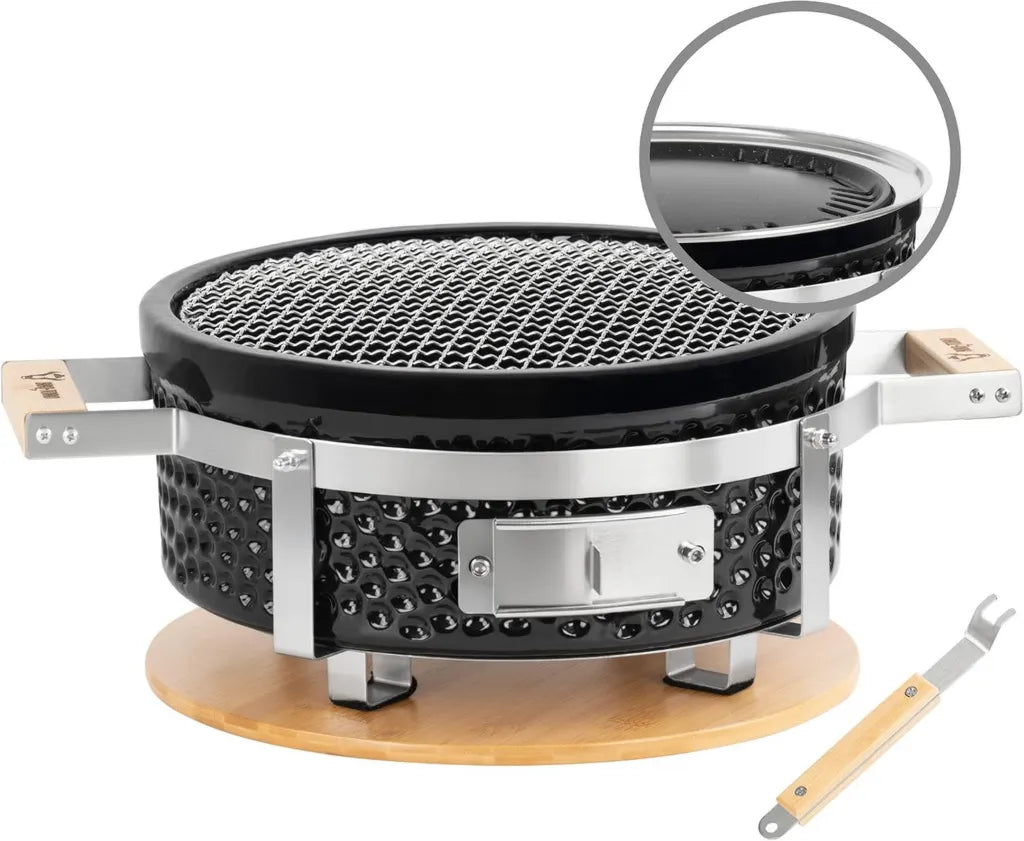 Grill de Table Japonais en Céramique avec Support Bois - Diamètre 29,5 cm