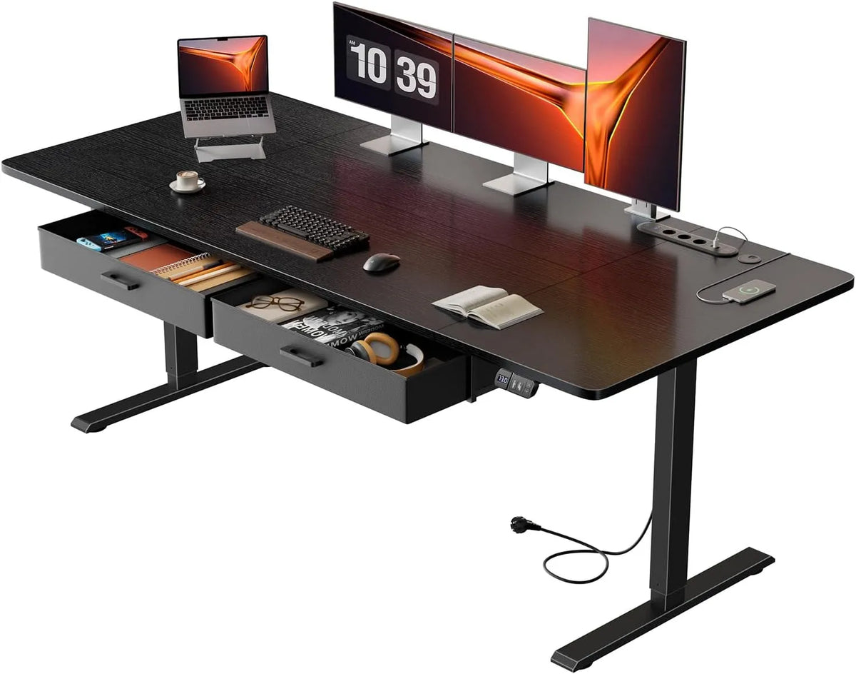 Bureau et table informatique – USB-C, avec tiroirs, avec port USB, réglable, 2 Tiroirs, 180 × 80 cm, noir, hauteur réglable
