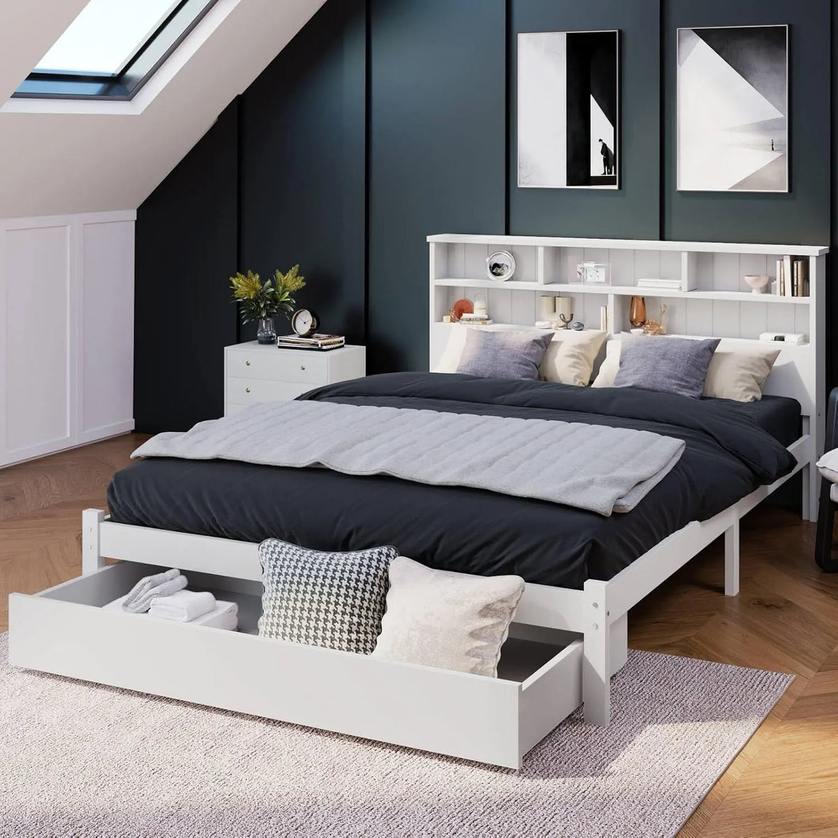 Lit Double en Bois avec Tiroir: avec rangement, avec tiroirs, 140 × 200CM, blanc, revêtement en tissu