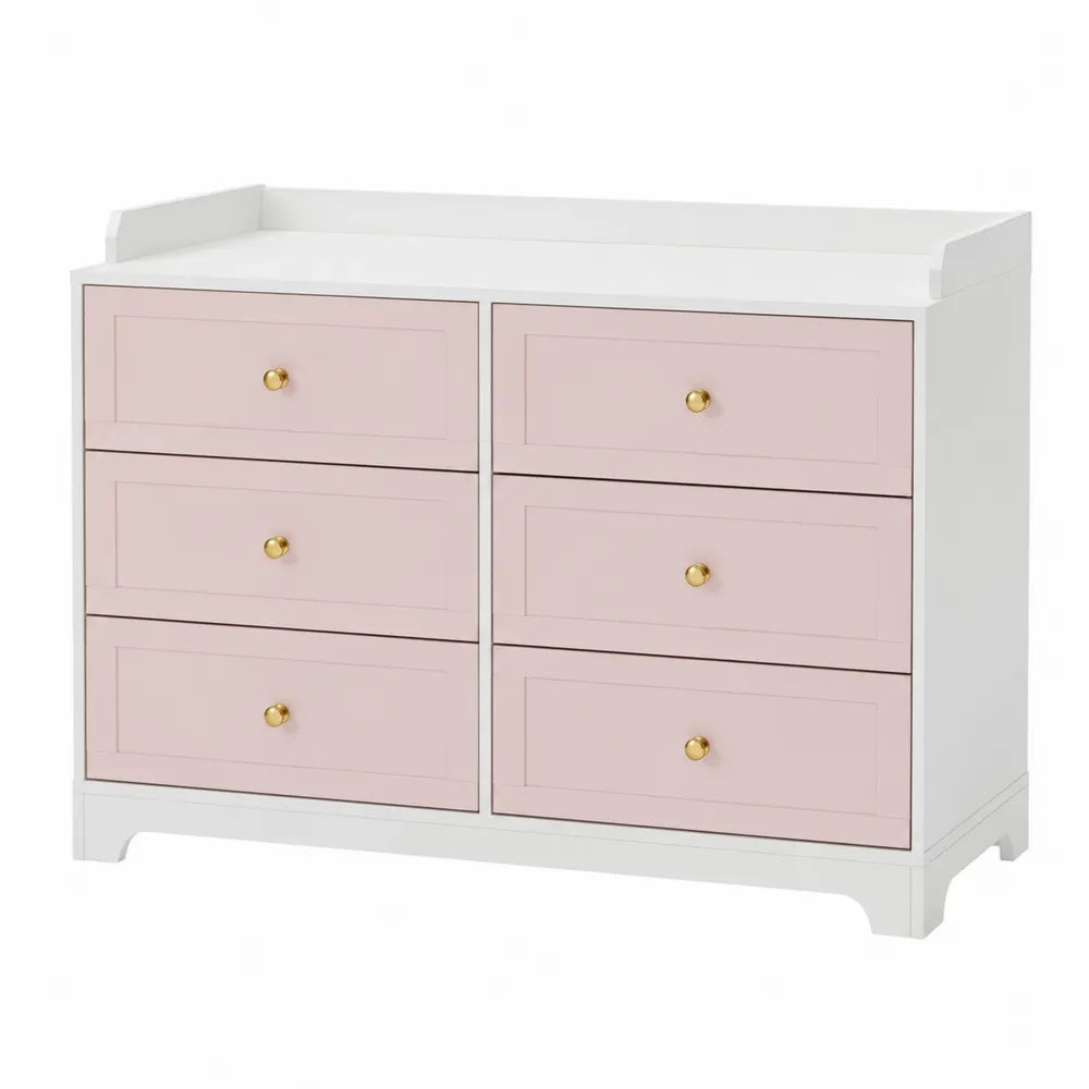 Commode rectangulaire 6 tiroirs MDF blanc rose poudré doré 120 cm x 45 cm x 86 cm