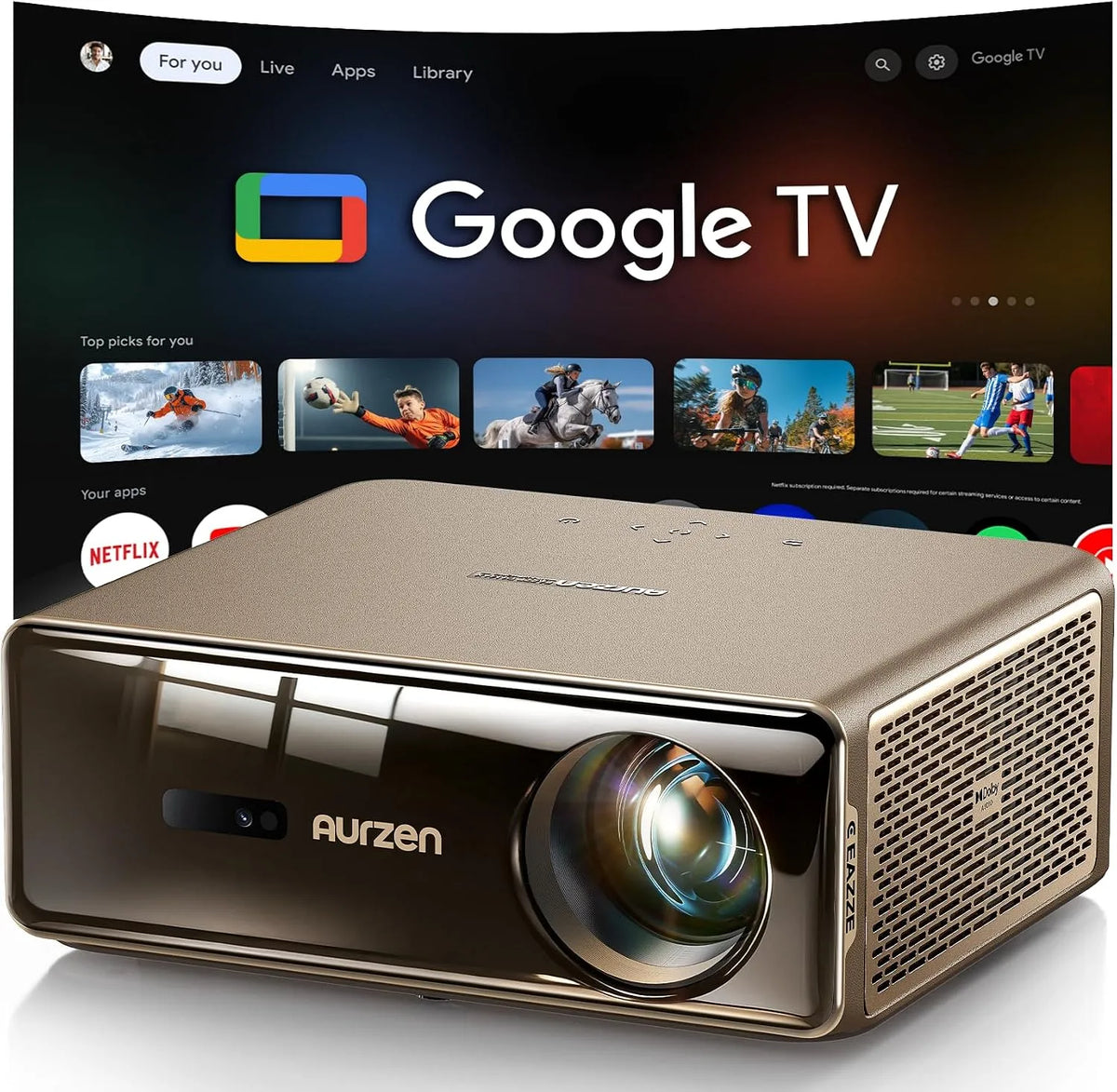 Google Smart TV, téléviseur, 4K UHD, Wi-Fi, Bluetooth, Aurzen EAZZE D1 Max Vidéoprojecteur 4K Supportée, Audio DoIby 20W, 1000 ANSI, 0 & Netflix