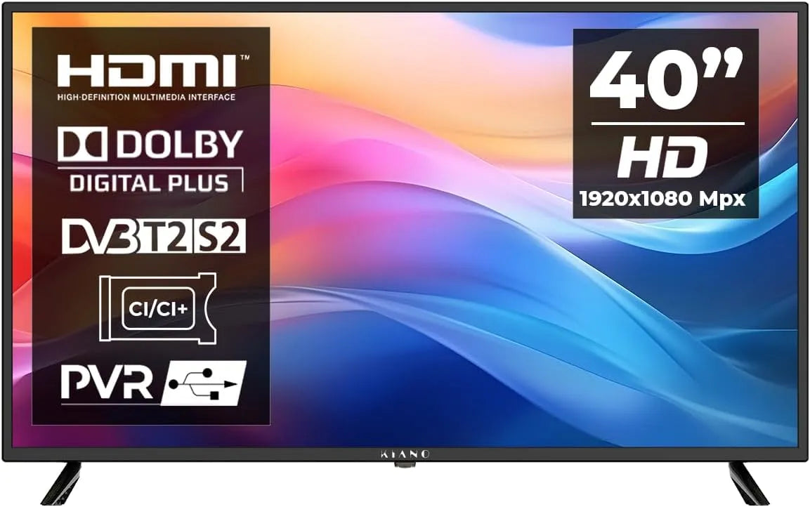 Produit Noir, KIANO SlimTV 40 Pouces LED Full HD 1920 x 1080 DLED Grand Angle de Vision 176° Audio Stéréo 2x8W Support VESA 200x200