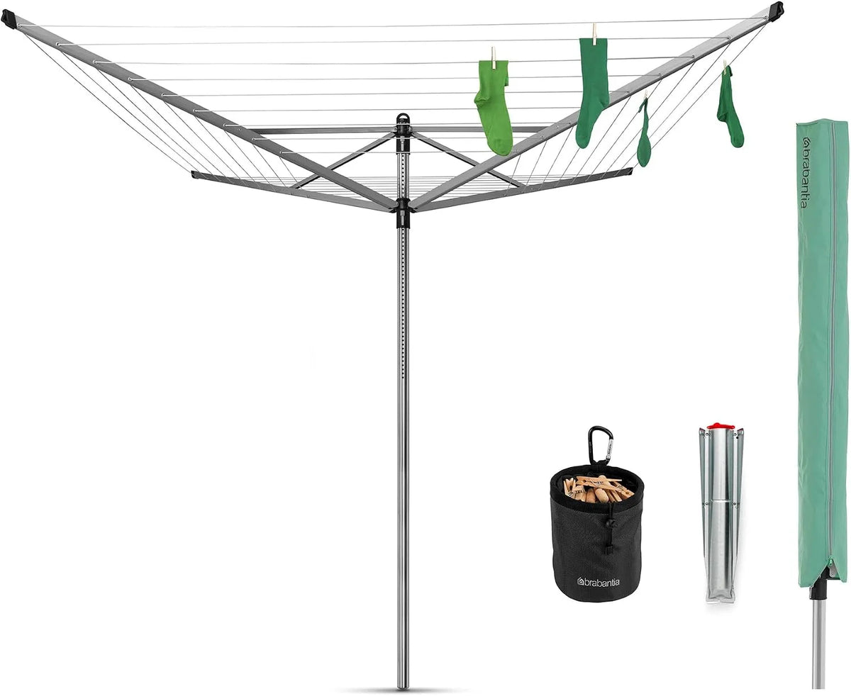 modèle 50m, 50m - Rotation Fluide - Pratique - Douille en Métal à Planter Dans le Sol - Gris Métallique - ø 295cm, Brabantia - Séchoir Lift-O-Matic