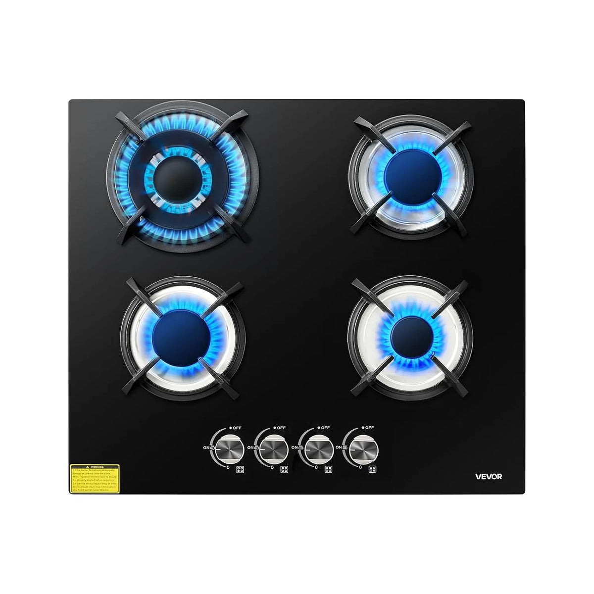 VEVOR Plaque de cuisson à gaz, 60 cm, 4 foyers, encastrable, gril, fonte, table de cuisson à gaz, 8 kW Max, Brûleur à 2 Couronnes Scellé, Sécurité