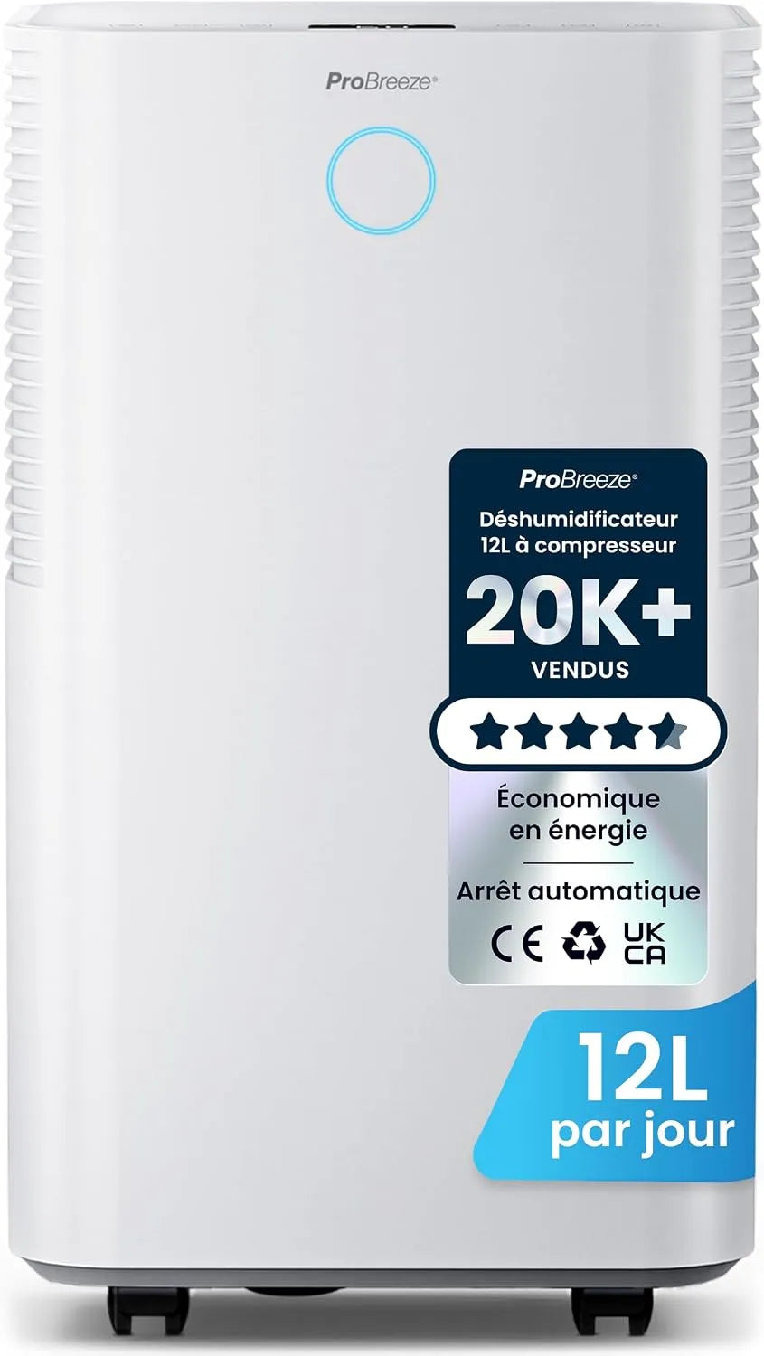 Déshumidificateur, 12 L, minuteur, Mode Nuit & Minuterie 24 heures, jour avec capteur d'humidité automatique, Séchage du linge, Drainage continu