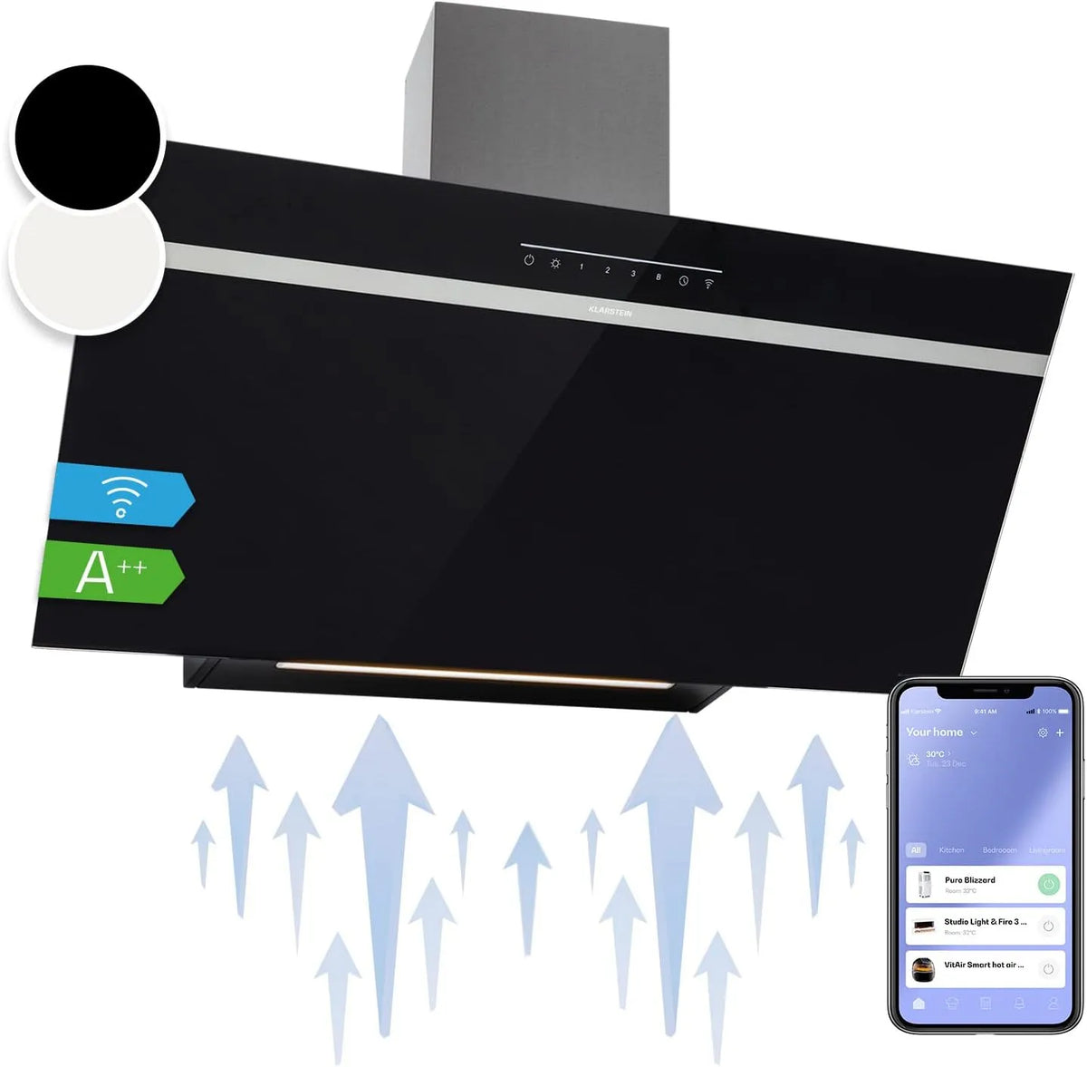 Klarstein Hotte aspirante, 90cm, 585 m3/h, classe énergétique A, hotte de cuisine, éclairage LED, Wi-Fi, silencieux, Eclairage LED, Filtre de Hotte à