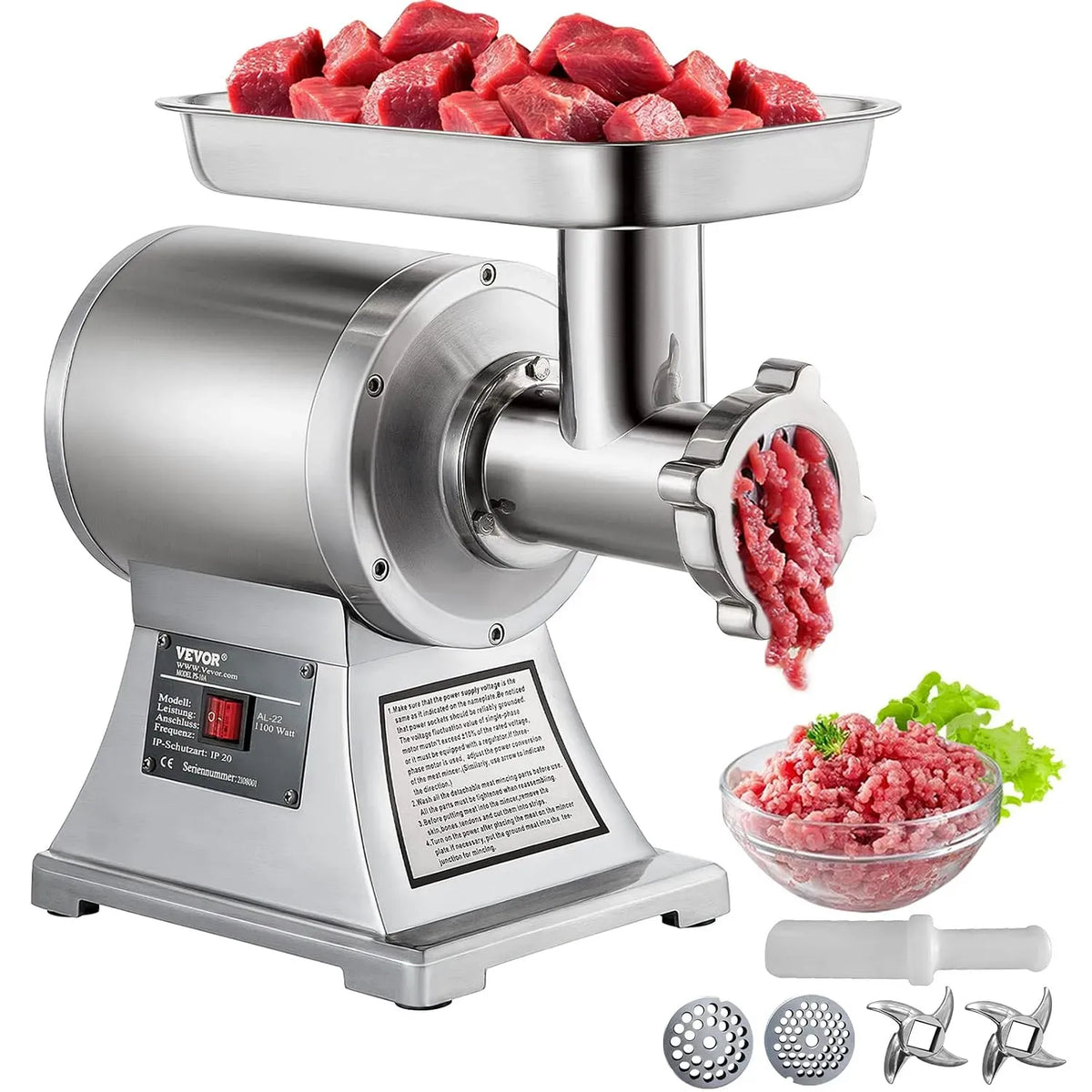 VEVOR W 250 Machine à saucisses, 1100 W, 250 kg, industriel, professionnel, acier inoxydable, pour maison ou usage industriel