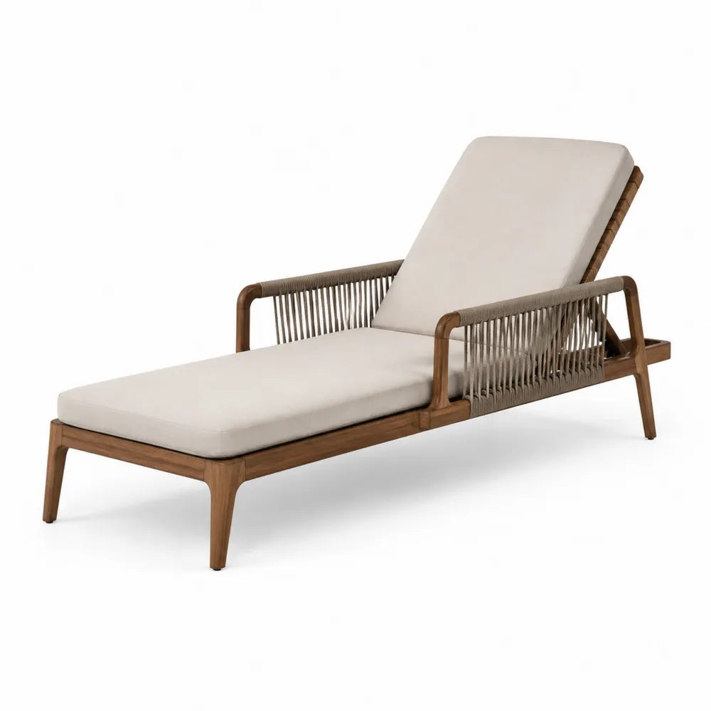 Chaise longue d extérieur inclinable en acacia massif corde polyester et coussins beige 200 cm x 72 cm x 92 cm