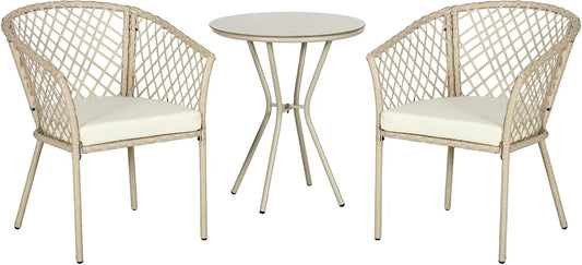 Outsunny Salon de jardin et ensemble lounge — en métal, avec coussins, 3 pièces, beige