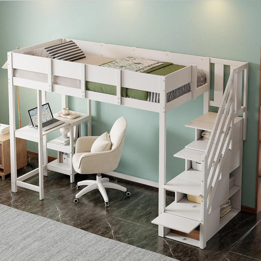 Bureau et table informatique — pour enfant, avec rangement, avec bureau, avec échelle, 90 × 200 cm, blanc, revêtement en tissu