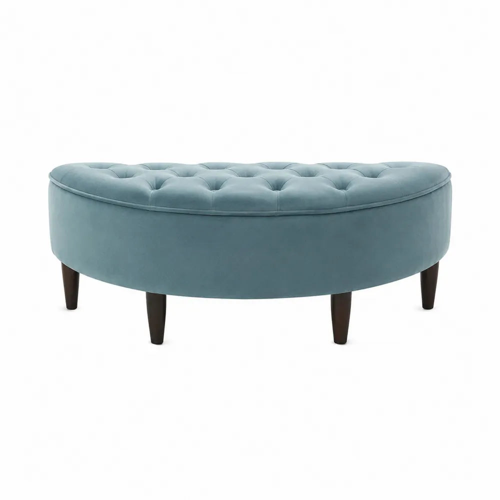 Banc de chambre demi-lune 120 x 45 x 45 cm en velours polyester bleu pétrole avec pieds en bois foncé