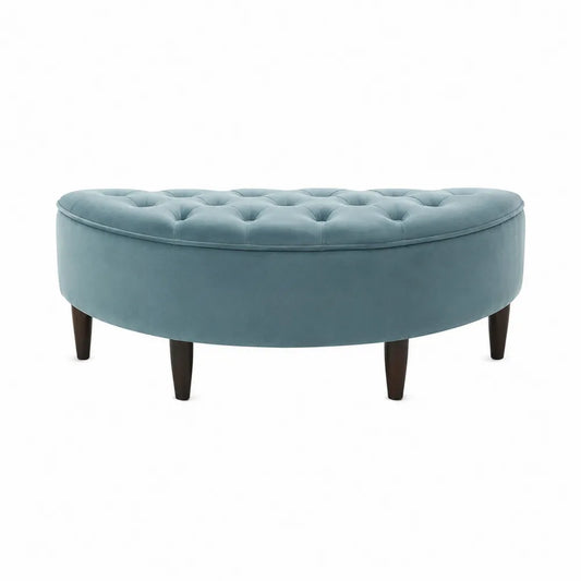 Banc de chambre demi-lune 120 x 45 x 45 cm en velours polyester bleu pétrole avec pieds en bois foncé