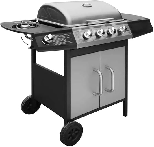 Grill à gaz 5 brûleurs en acier inoxydable, noir et argenté, idéal pour balcons et camping