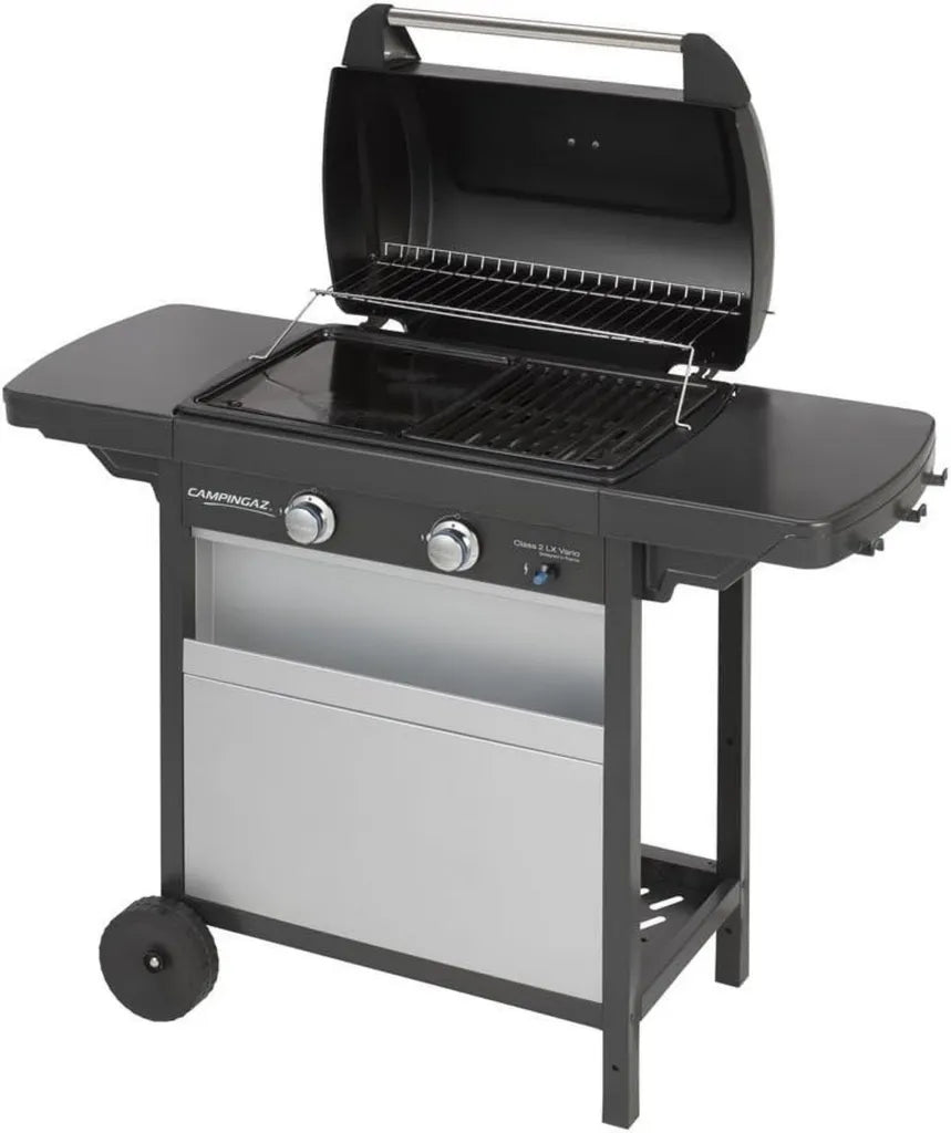 Barbecue à Gaz Campingaz Class 2 LX Vario, 2 Brûleurs, 7,5 kW, Grille et Plancha Double Émaillage, Tablettes Latérales, Gris/Noir