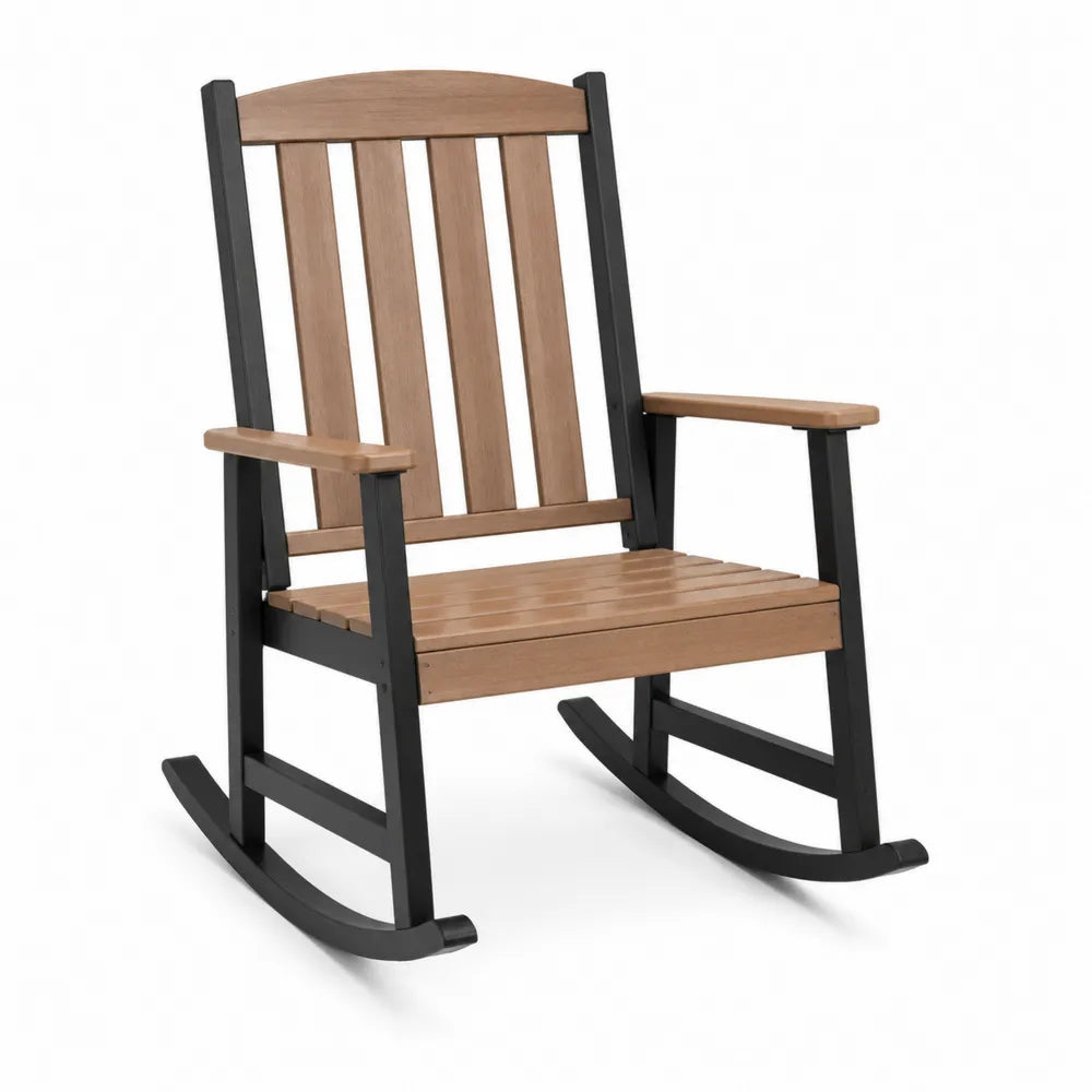 Chaise à bascule de jardin en acacia massif et acier thermolaqué noir 64 cm x 86 cm x 110 cm
