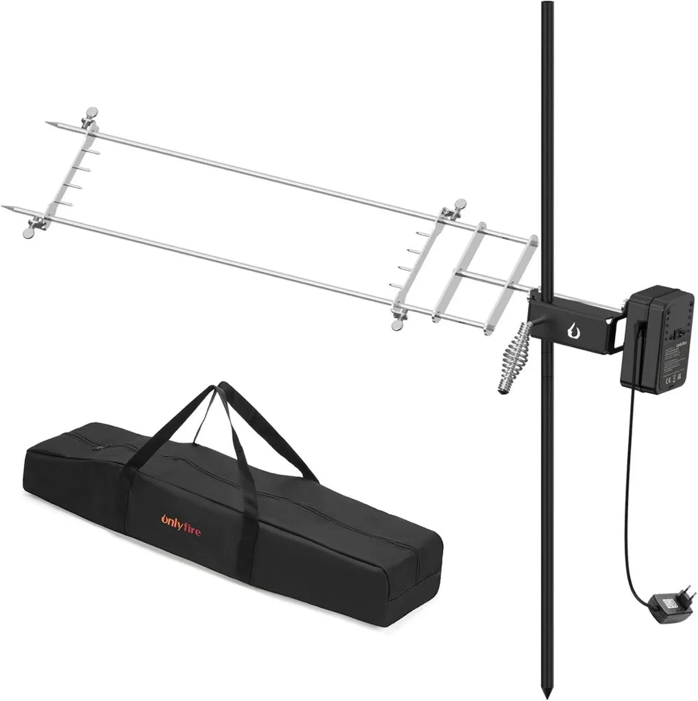 Tournebroche de Camping onlyfire, Hauteur Ajustable 155 cm, avec Sac de Transport, Montage Facile, Gril Extérieur pour Feu de Camp
