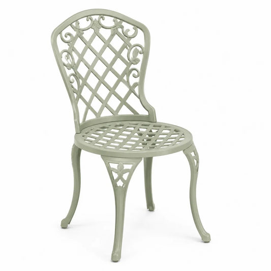Chaise de jardin bistro en aluminium moulé vert sauge 60 x 60 x 90 cm dossier ajouré