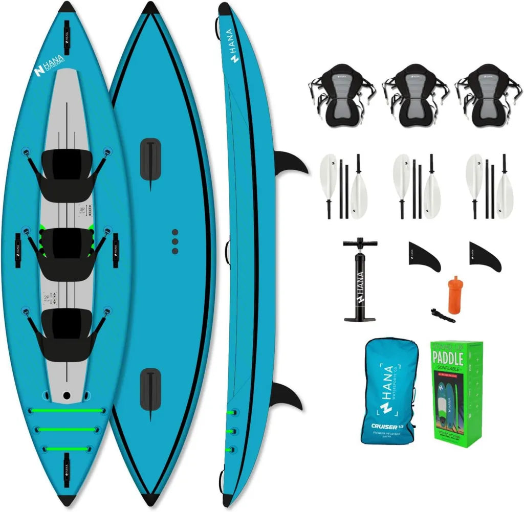Kayak Gonflable HANA Cruiser 2/3 Places – Ensemble Complet pour Famille – Stable, Solide et Confortable – Plancher Dropstitch – 3 Pagaies, Sièges, Pompe & Sac Inclus – Parfait pour Mer, Lac et Rivière – Longueur 380 cm