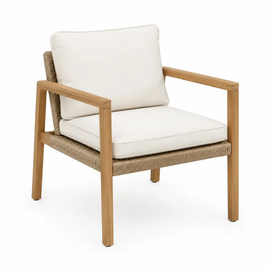 Fauteuil de jardin lounge en acacia massif et corde tressée avec coussins beige 72 x 80 x 78 cm