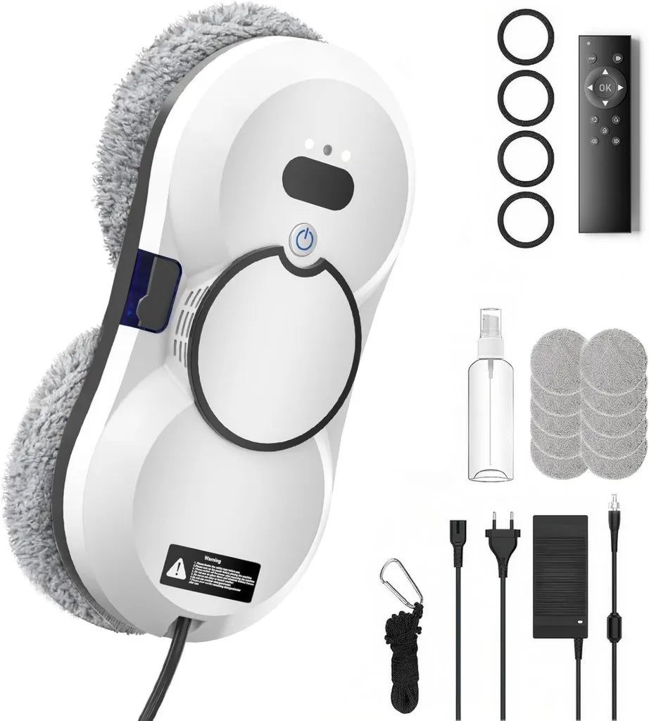 Robot Nettoyeur de Vitres Intelligentes avec Télécommande et Chiffons, 5600Pa, 3 Modes de Nettoyage Sécurisés