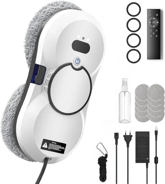 Robot Nettoyeur de Vitres Intelligentes avec Télécommande et Chiffons, 5600Pa, 3 Modes de Nettoyage Sécurisés