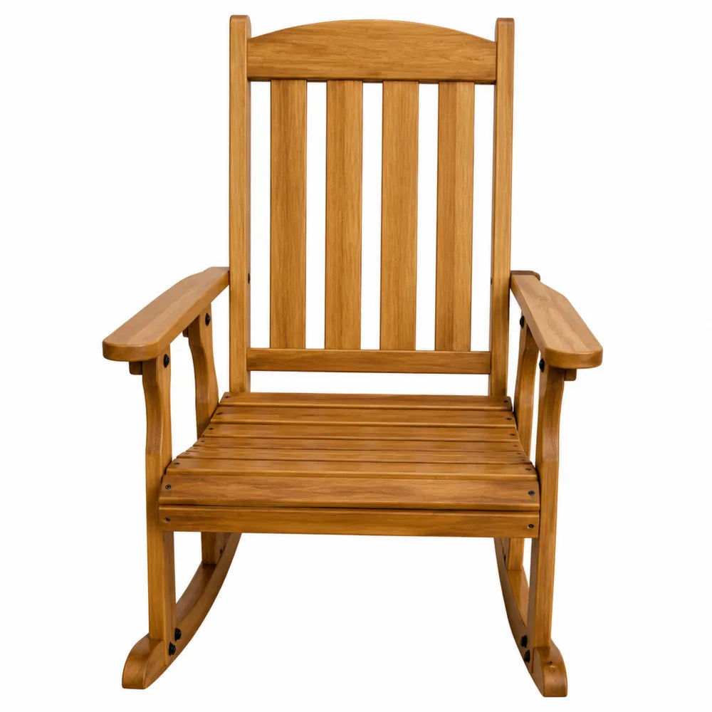 Chaise à bascule de jardin 67 x 88 x 118 cm en bois d'acacia massif couleur marron miel avec accoudoirs dossier à lattes verticales
