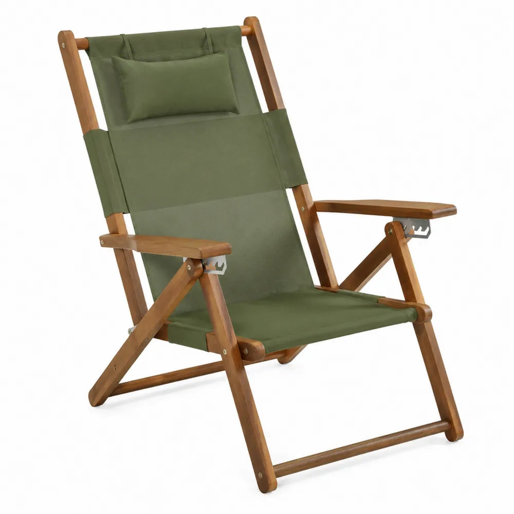 Fauteuil relax de jardin pliant inclinable 72 x 87 x 102 cm bois d'acacia toile polyester vert olive avec accoudoirs