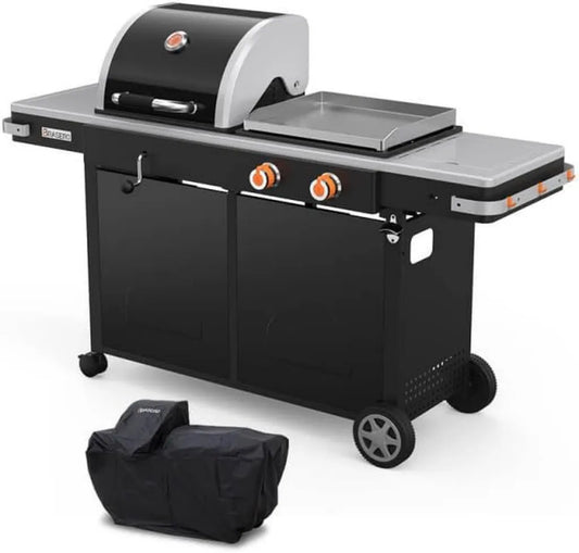 Brasero Multifonction Bi-Energy L - Plancha Gaz & Barbecue Charbon avec Housse - 2 Brûleurs 3,6 kW - Plaque Inox 49x42 cm - Grille 48x42 cm - Manivelle de Réglage Charbon - Pour 12 Personnes