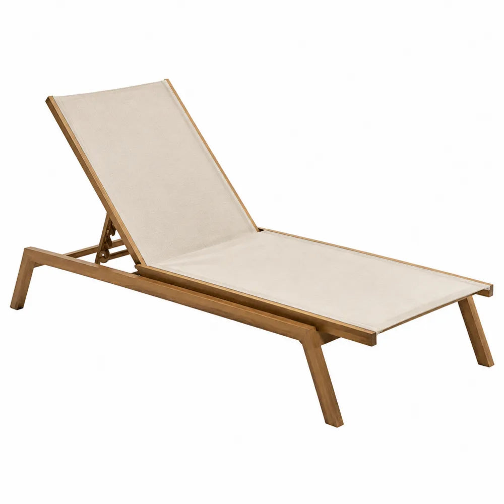 Bain de soleil de jardin réglable en acacia et textilène beige 200 x 65 x 88 cm