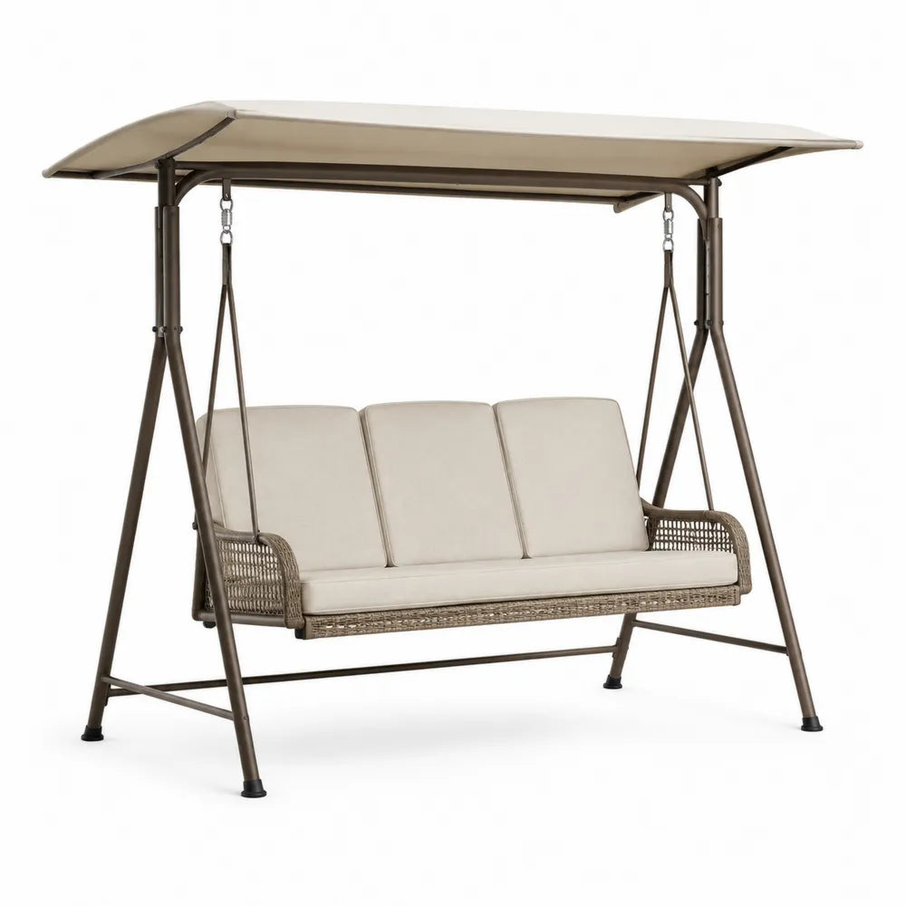 Balancelle de jardin 3 places avec auvent en acier et résine tressée 170 x 110 x 153 cm coussins beige