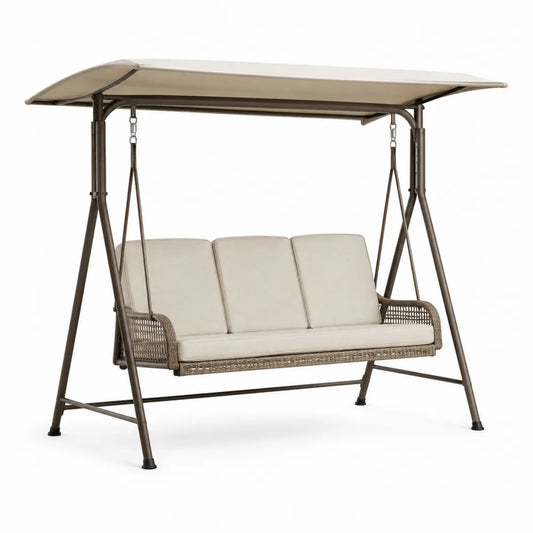 Balancelle de jardin 3 places avec auvent en acier et résine tressée 170 x 110 x 153 cm coussins beige