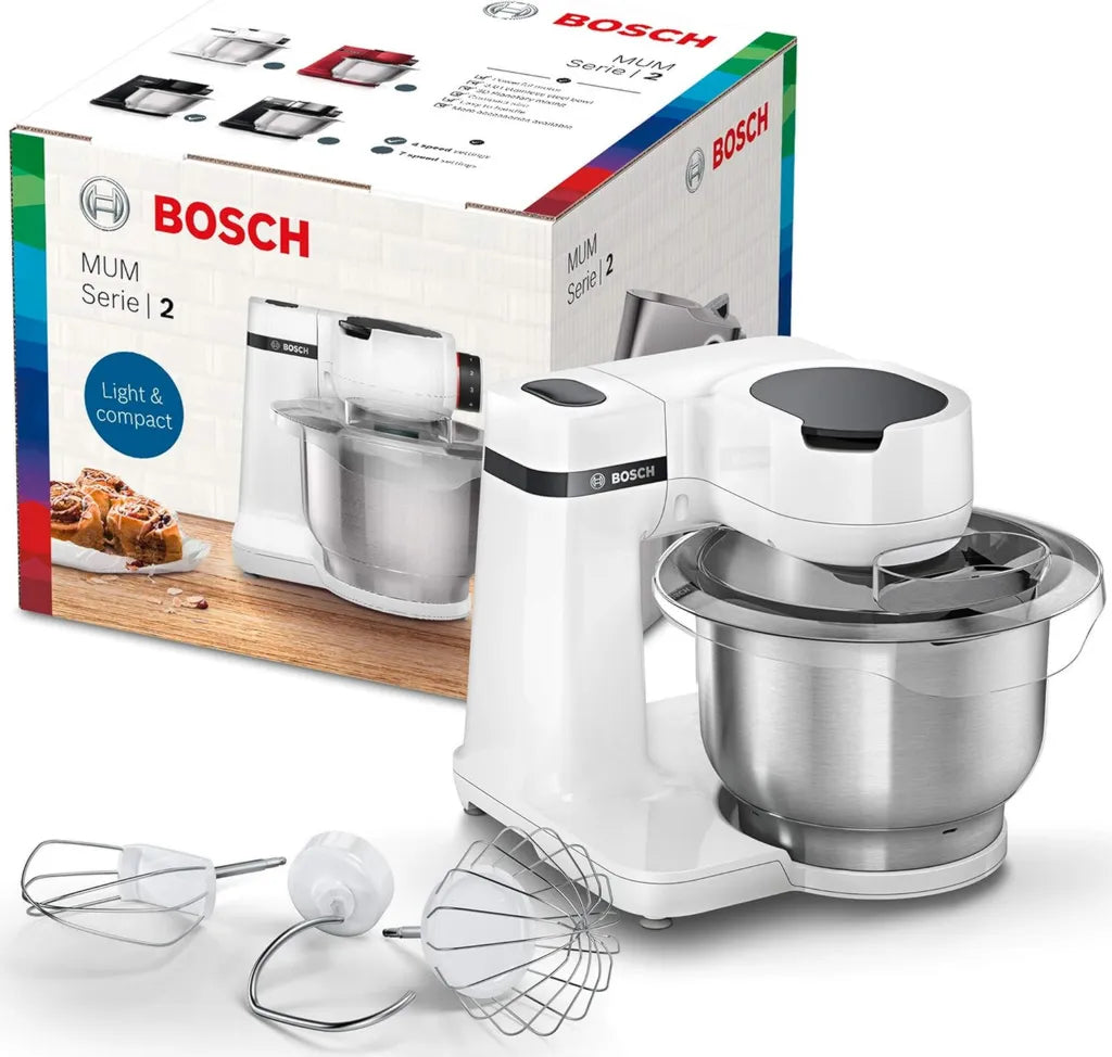 Robot pâtissier Bosch 700W, mélange optimal, accessoires inclus, blanc, modèle MUMS2EW00