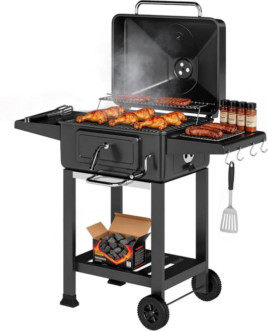 Barbecue à Charbon de Bois XXL avec Fumoir et Thermomètre, Gril de Jardin 112cm, Noir