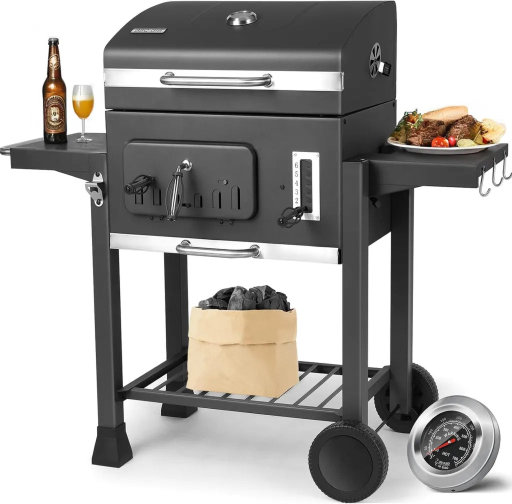Grand Barbecue Fumeur à Charbon avec Thermomètre et Roues, 130 x 137 x 49 cm
