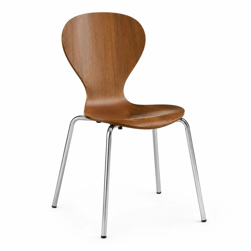 Chaise de salle à manger coque en contreplaqué moulé placage frêne assise incurvée pieds en acier chromé marron noyer 49 cm x 52 cm x 86 cm