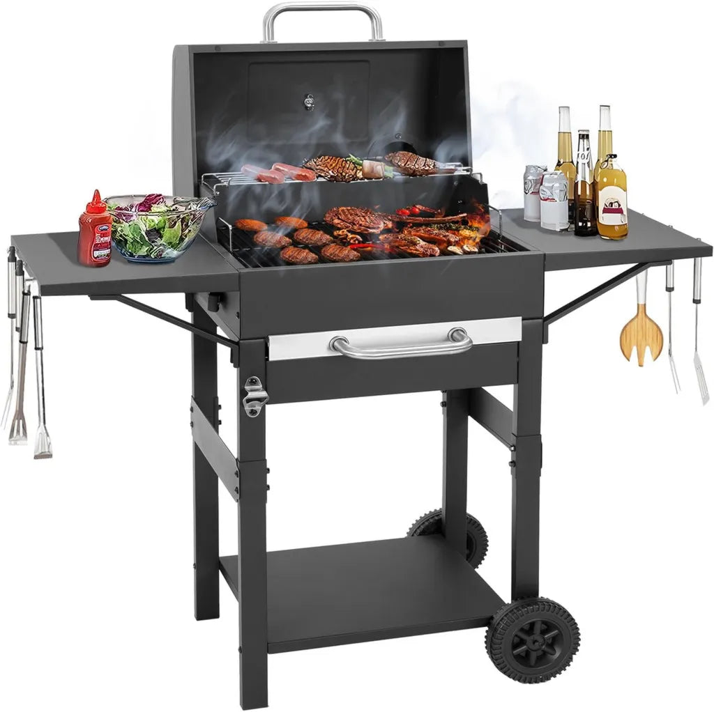 Grill extérieur portable avec thermomètre, étagères et aération