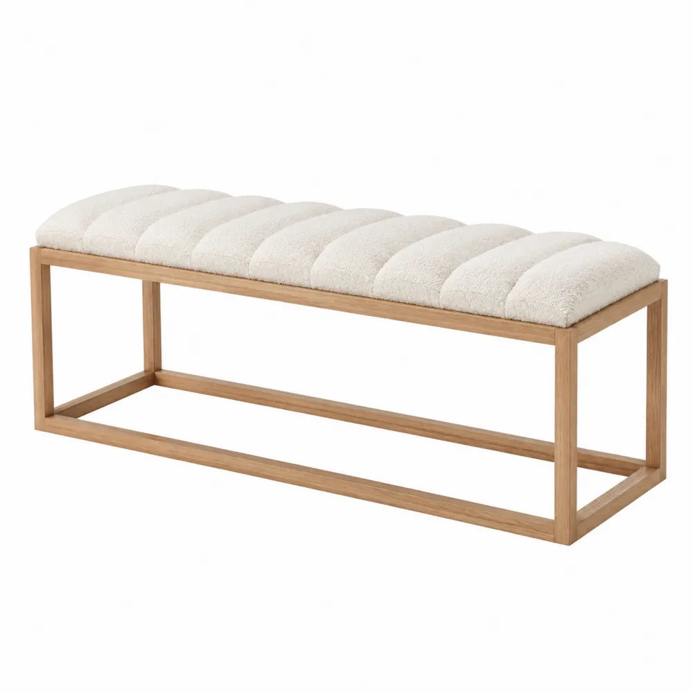 Banc de chambre rectangulaire 120 x 40 x 45 cm en bois massif naturel avec coussin polyester bouclé beige