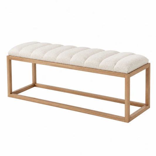 Banc de chambre rectangulaire 120 x 40 x 45 cm en bois massif naturel avec coussin polyester bouclé beige