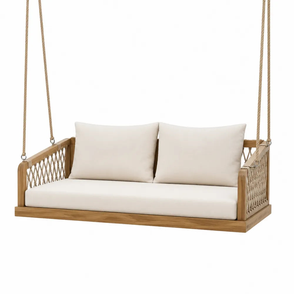 Balancelle suspendue de jardin 2 places en acacia massif corde polyester beige écru 150 x 75 x 62 cm