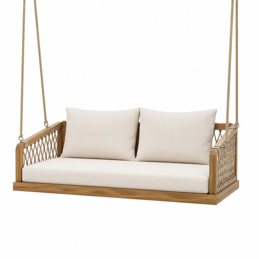 Balancelle suspendue de jardin 2 places en acacia massif corde polyester beige écru 150 x 75 x 62 cm