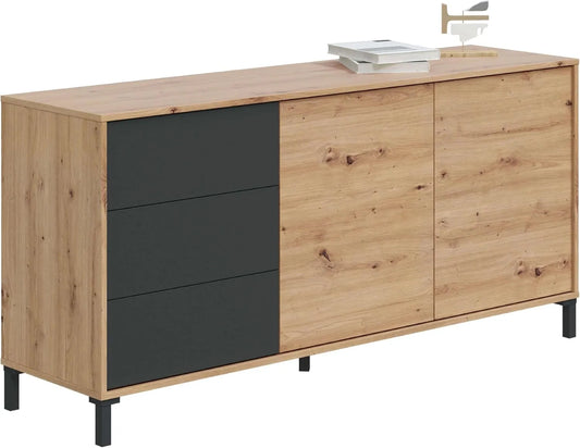 Habitdesign modèle Brooklyn Buffet et meuble de rangement 2 portes et 3 tiroirs: avec tiroirs, 154 × 74 × 41 cm, anthracite